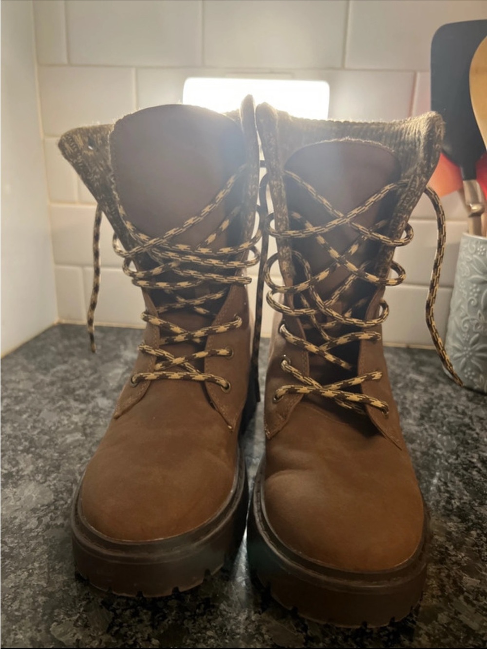 Women's Brown Lace-Up Knit Collar Hiking Boots